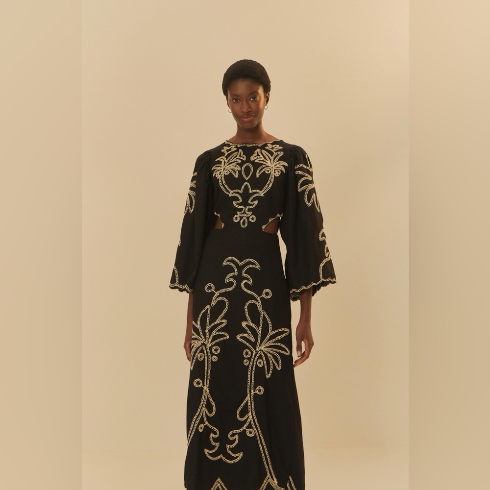 Farm Rio Black Embroidered Midi Dress Cutout Waist Boho Floral Size M NWT